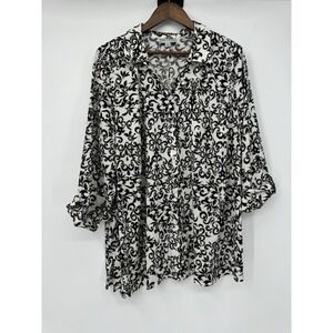 CATHERINES Black White Scroll Print Button Up Blouse 3/4 Sleeve Collared Tunic